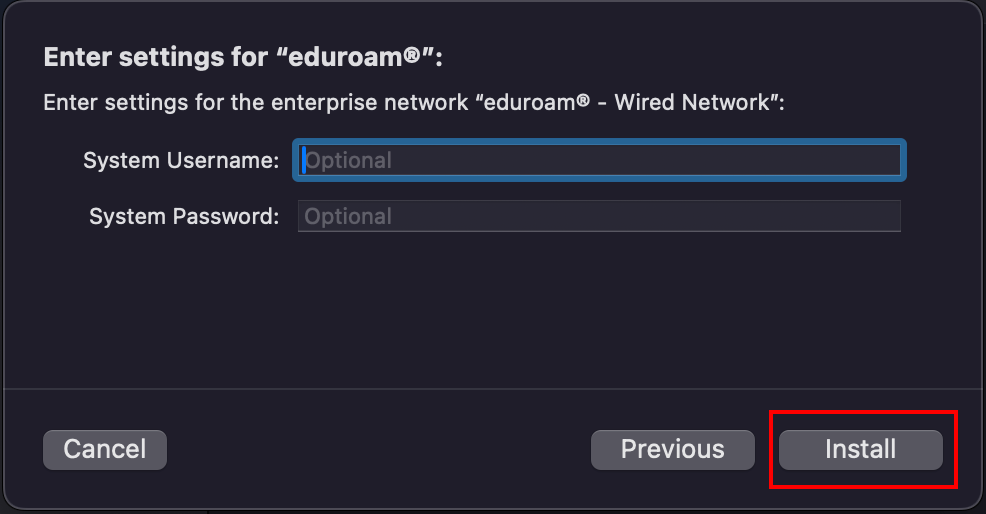 Screenshot of the pop-up window "Enter settings for eduroam". The "Install" button is located below the login screen next to "Back".