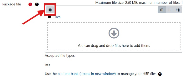 Screenshot of the file upload field for the package file. The plus symbol for adding a file is highlighted in red.