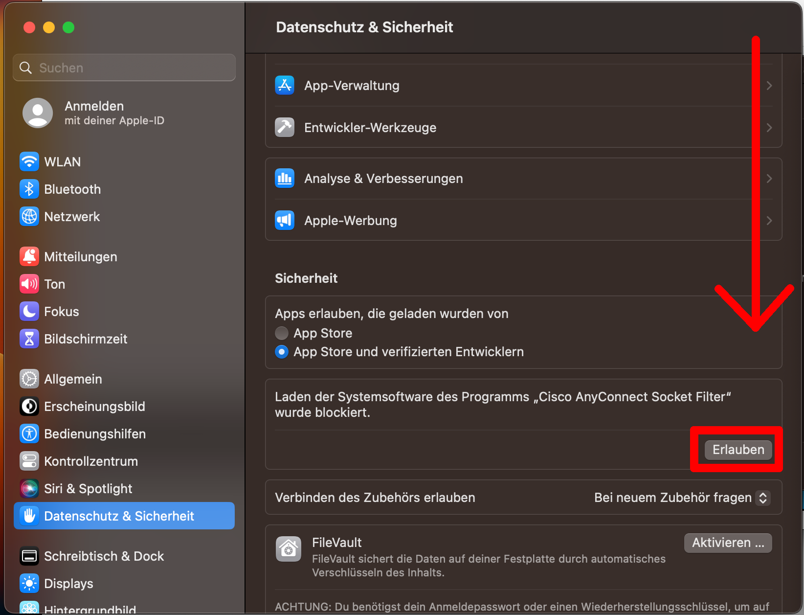 AnyConnect in den Einstellungen erlauben AnyConnect in den Einstellungen erlauben