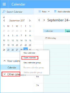 E-Mail > OWA Berechtigungen > calender 5.PNG Screenshot of the Calendar window, which graphically displays the selection of options from step 1. The options are displayed on the left-hand side under the More calendars navigation bar.
