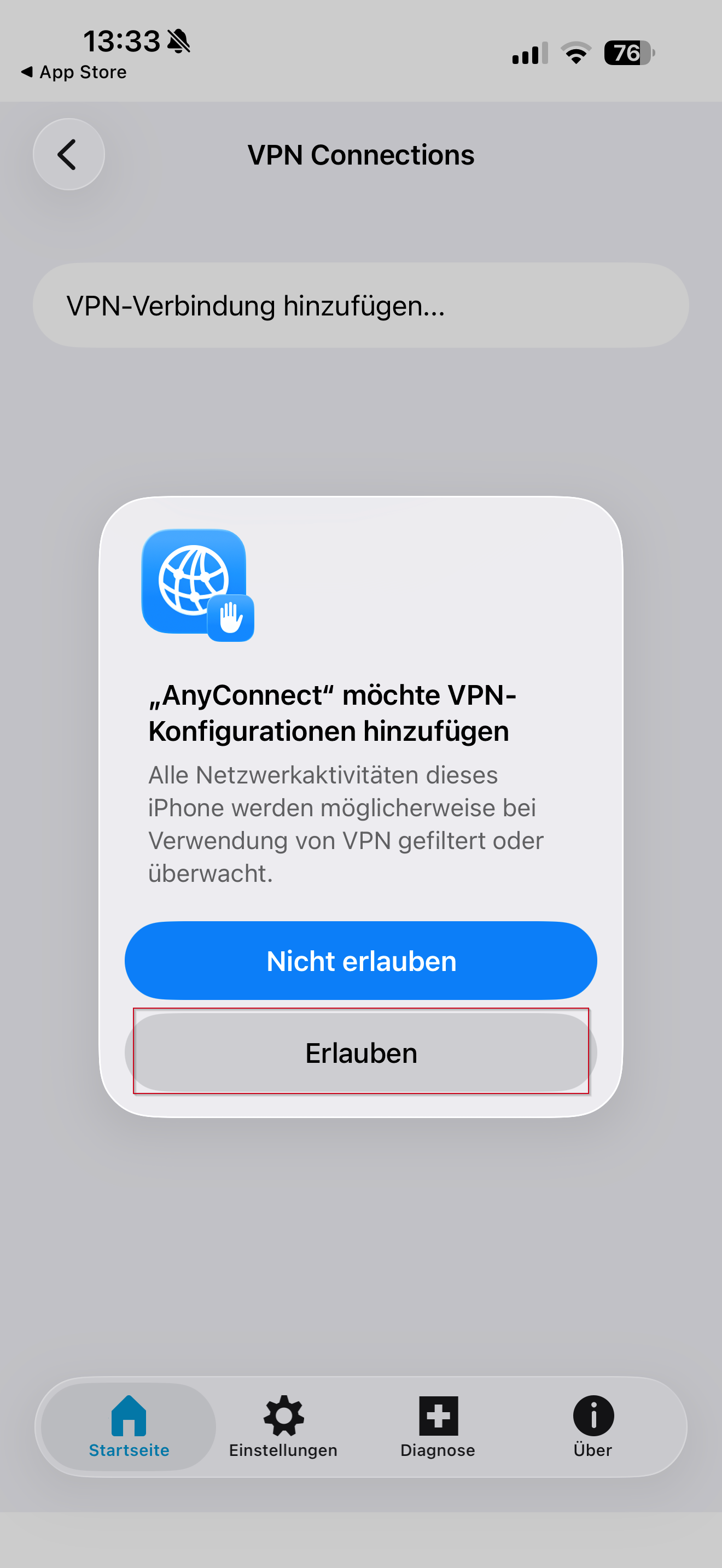 Pop-Up Fenster VPN-Konfiguration erlauben