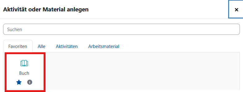 Screenshot der Liste der verfügbaren Aktivitäten und Materialien. Das Material "Buch" wurde hervorgehoben.