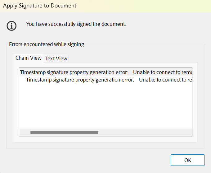 Fehlermeldung Zeitstempelserver Screenshot of the window "Apply Signature to Document". The text reads "You have successfully signed the document. Errors encountered while signing". The errors are displayed in a table. The text of the error reads "Unable to connect to remote server Timestamp signature property generation error".
