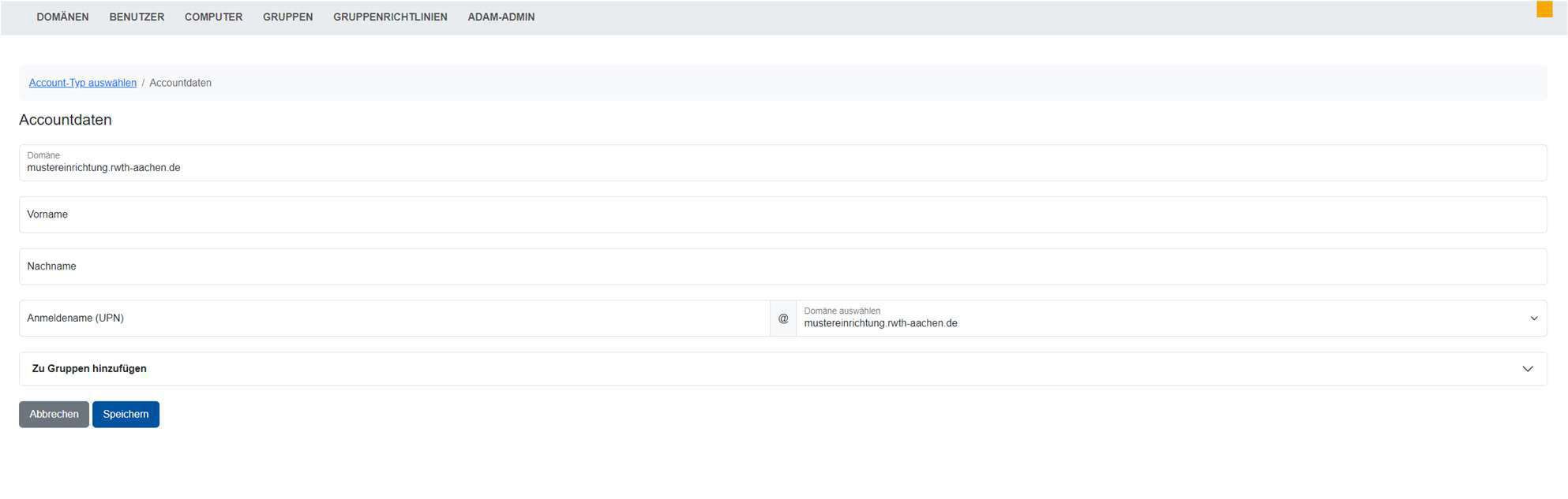 Screenshot of the "Account Data" page. The fields were described in steps 4 and 5.