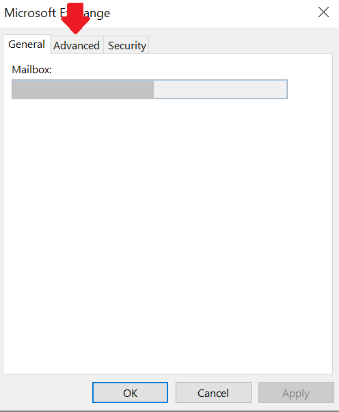 This picture shows the further settings Screenshot of the Microsoft Exchange window, which graphically shows the selection of options from step 6. The Advanced option is located at the top right of General and is marked with an arrow.