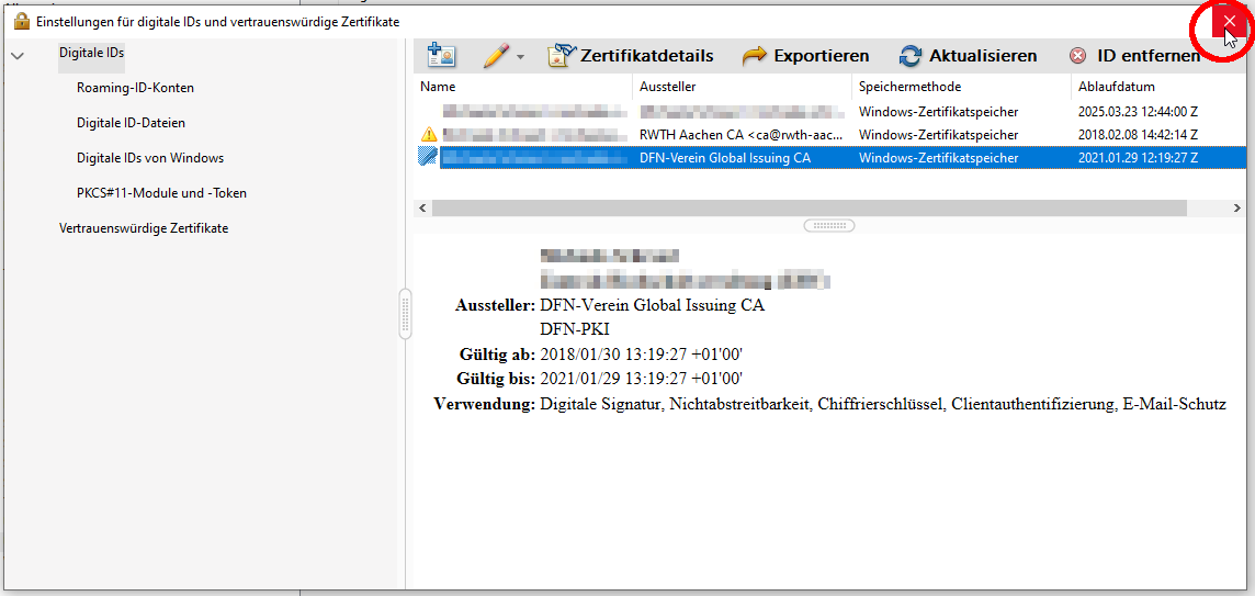 Einstellungen für digitale IDs schließen Einstellungen für digitale IDs schließen
