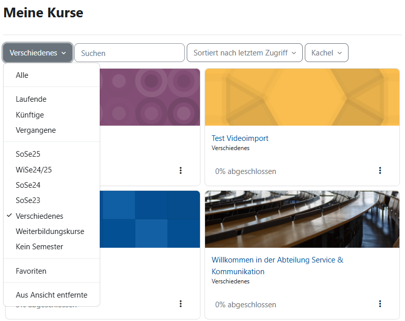 Screenshot der Liste "Meine Kurse". Der Filter für die Kurskategorien ist ausgeklappt.