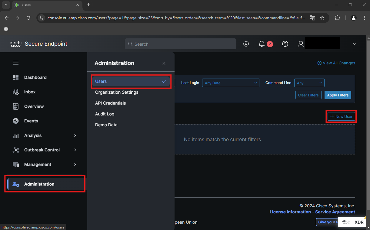 Das Bild zeigt die Cisco Secure Endoint Console, den Bereich "Administration" und die Option "New User" zum Hinzufügen von neunen Adminisatrationsaccounts.