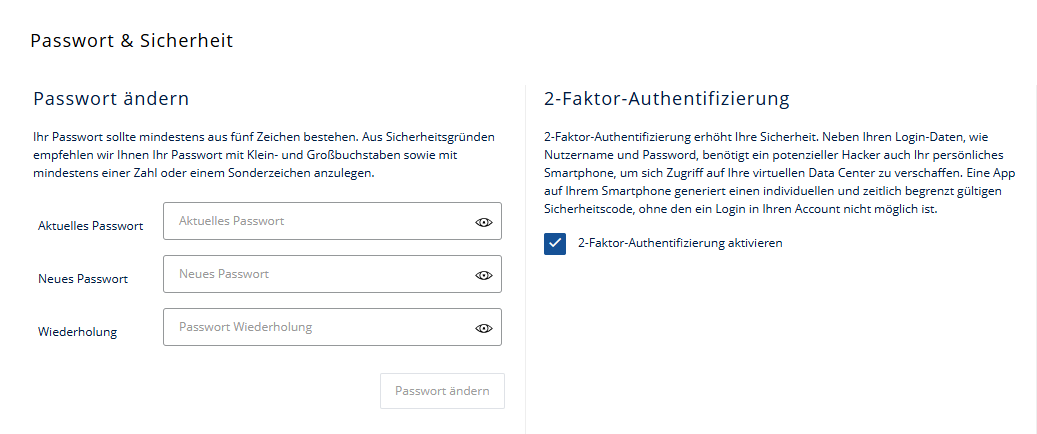 Im Bereich Kontosicherheit kann das initiale Passwort geändert werden.
