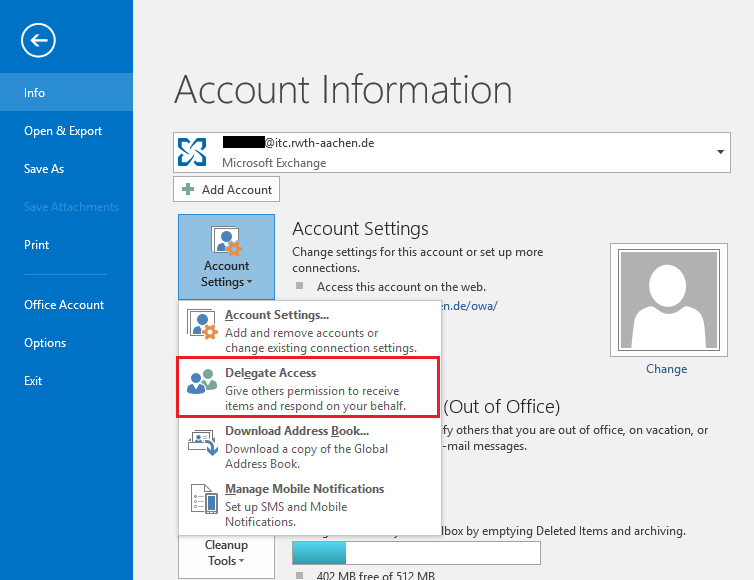 Configure delegate access for your mailbox (RWTH-E-Mail) - IT Center Help