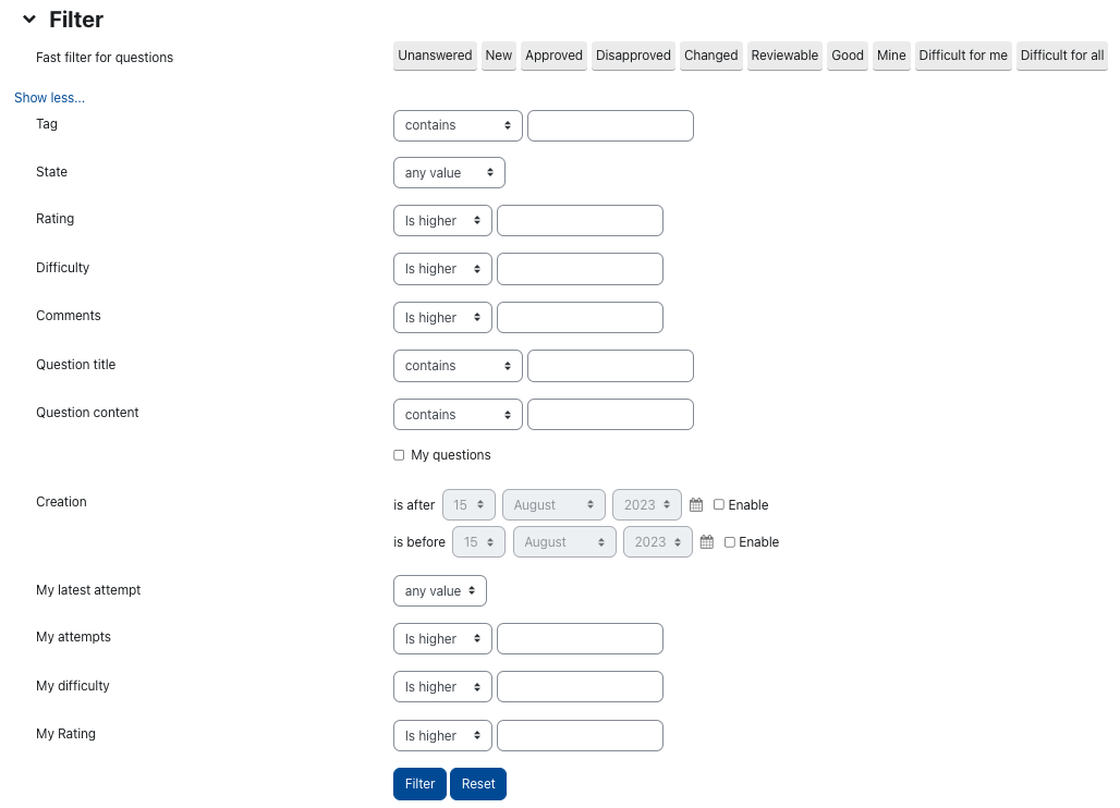 Sorting and filtering questions (RWTHmoodle) - IT Center Help
