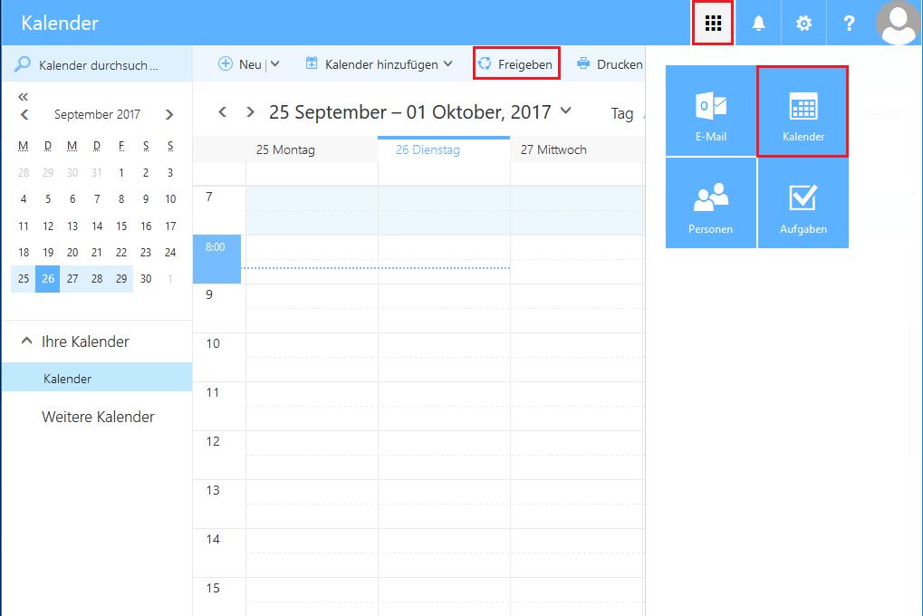 Screenshot des Fensters Kalender in der RWTH MailApp, welches die Auswahl der Optionen aus Schritt 3 grafisch darstellt.