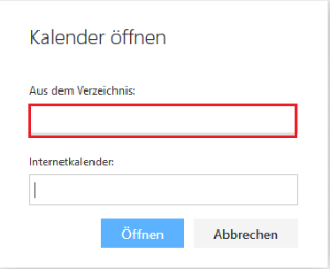 Screenshot des Fensters Kalender öffnen, welches die Auswahl der Optionen aus Schritt 2 grafisch darstellt.