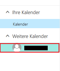 Screenshot des Fensters Kalender, welcher Schritt 3 grafisch darstellt. Der in Schritt 2 hinzugefügte Kalender unter Weitere Kalender ist umrandet.