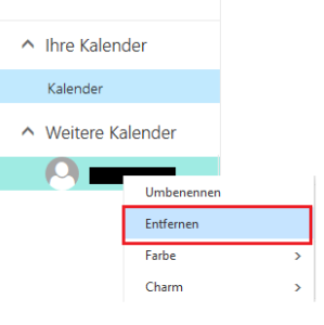 Screenshot des Fensters Kalender, welcher den Text zum entfernen des Kalenders grafisch darstellt.