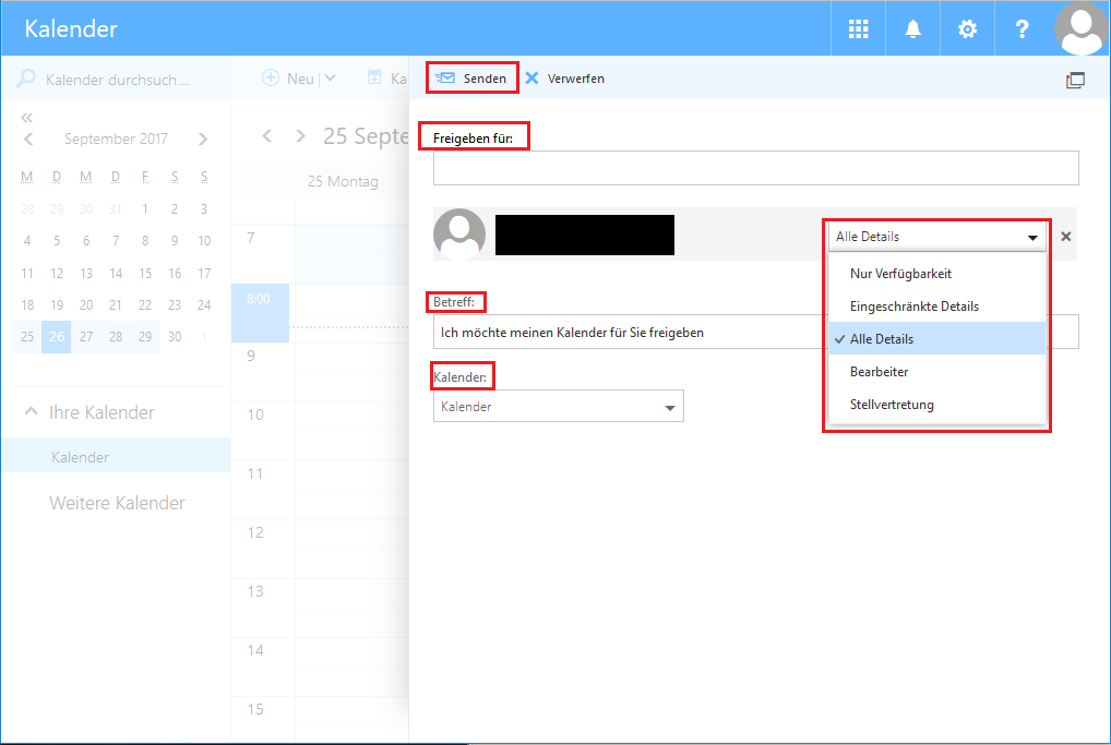 Screenshot des Fensters Kalender in der RWTH MailApp, welches die Auswahl der Optionen aus Schritt 3 grafisch darstellt. Der Dialog für Freigeben öffnet sich an der Seite des Fensters.