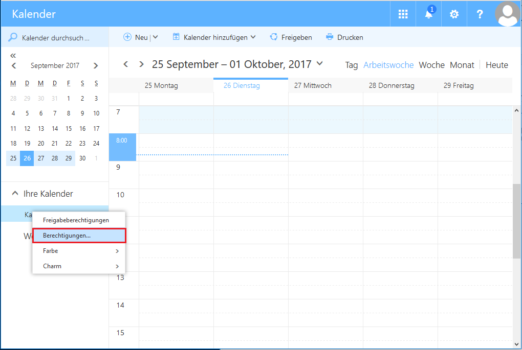 Screenshot des Fensters Kalender in der RWTH MailApp, welches die Auswahl der Optionen aus Schritt 1 grafisch darstellt.