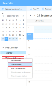 Screenshot des Fensters Kalender, welches die Auswahl der Optionen aus Schritt 1 grafisch darstellt. Die Optionen werden am linken Rand unter der Navigationsleiste Weitere Kalender angezeigt.