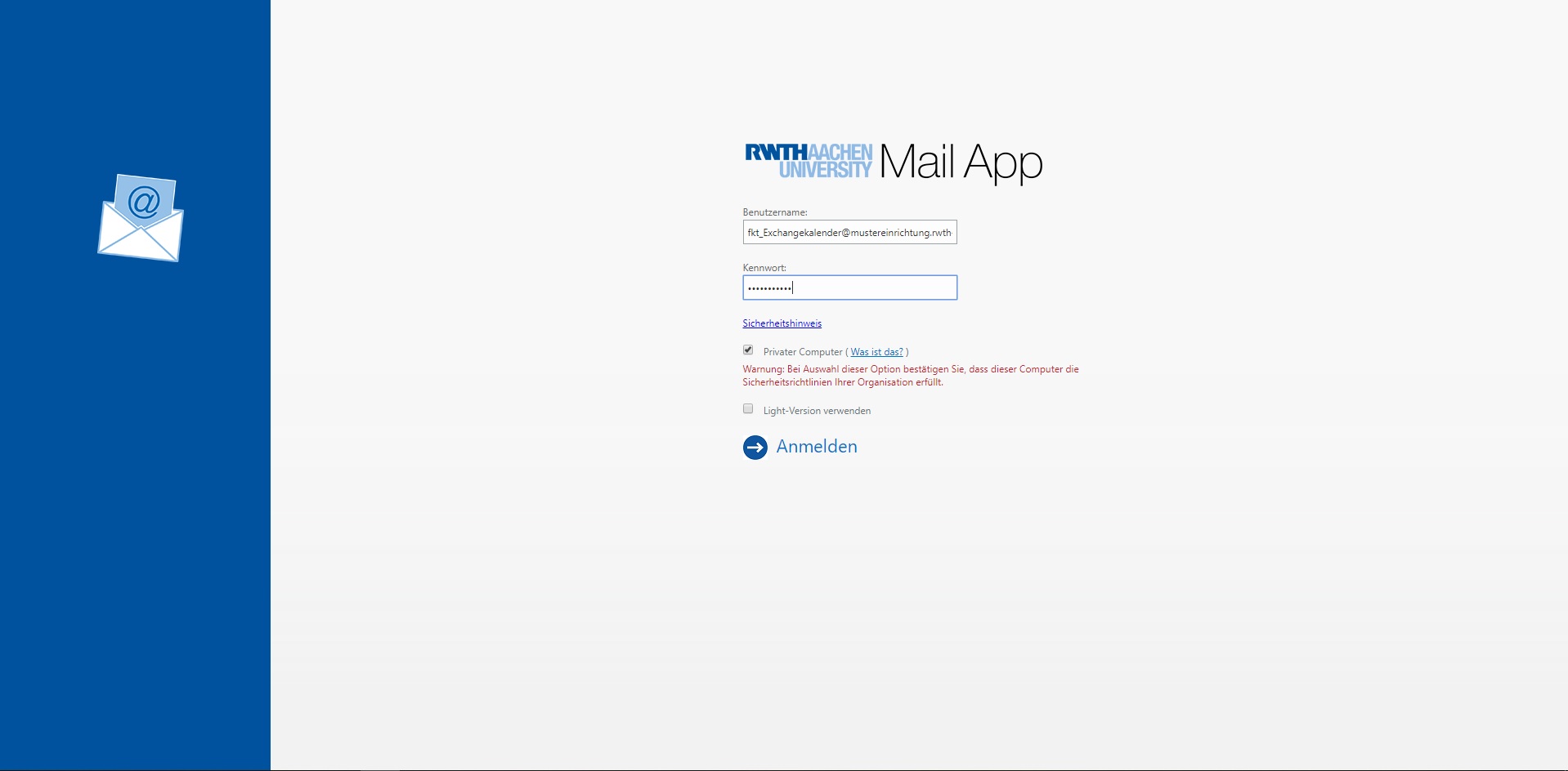 Screenshot des Anmeldebildschirms bei der RWTH MailApp. Anmeldung für ein funktionale Postfach mit Benutzernamen: fkt_Exchangekalender@mustereinrichtung.rwth-aachen.de und festgelegtem Passwort.