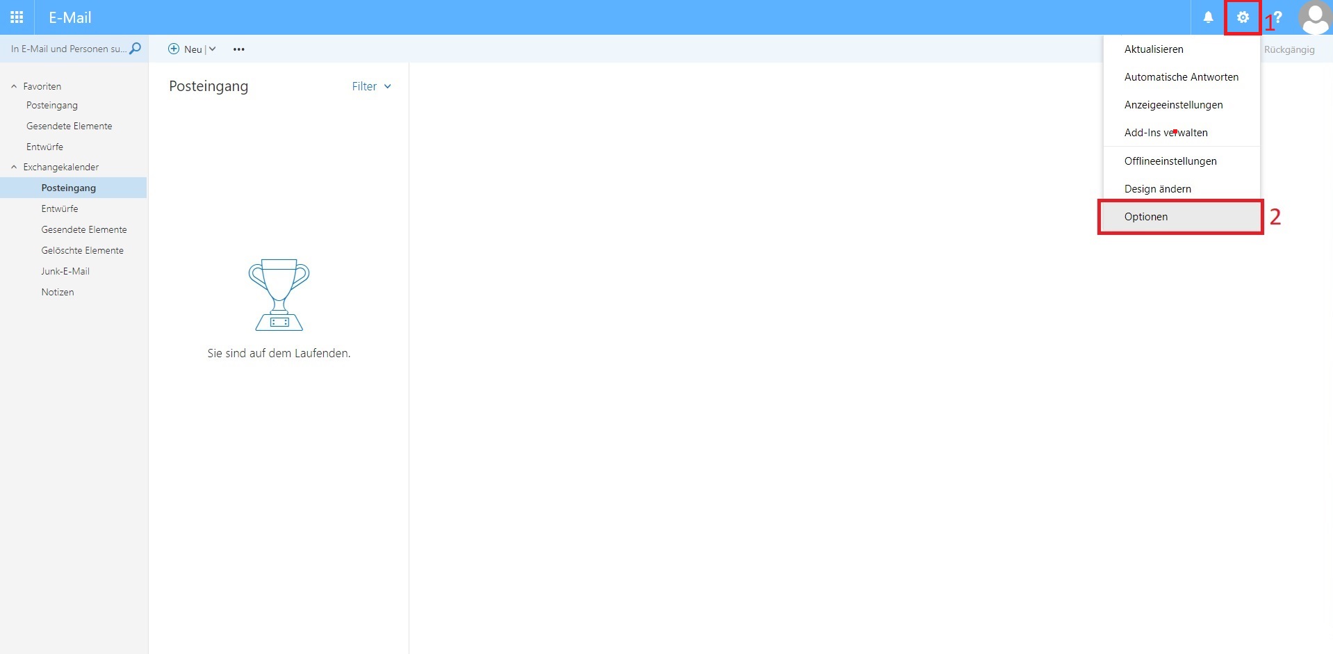 Screenshot der Navigationsleiste im Postfach Tab (standardmäßig angezeigt), welcher die Auswahl der Optionen aus Schritt 2 grafisch darstellt. Die Auswahl des Zahnrad-Symbol befindet sich am oberen rechten Rand neben dem Avatar / Profil Icon. Optionen ist die unterste Option nach klicken auf das Zahnrad-Symbol.