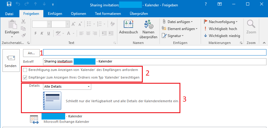 Screenshot des Fensters Kalender freigeben, welcher die Auswahl der Optionen aus Schritt 3 grafisch darstellt.