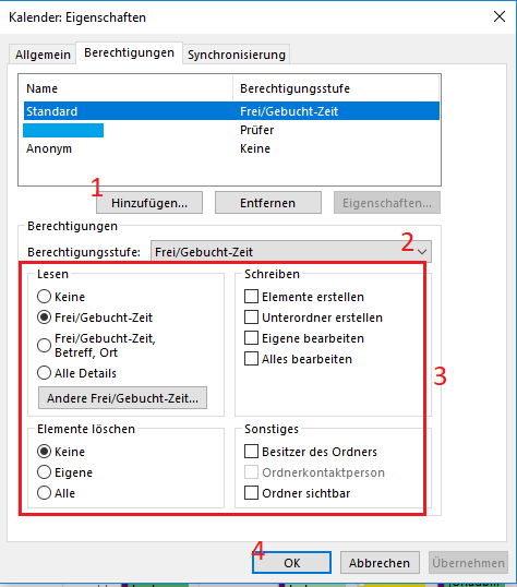 Screenshot des Fensters Kalender: Eigenschaften, welcher die Auswahl der Optionen aus Schritt 3 grafisch darstellt.