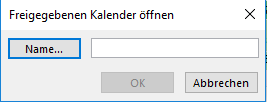 Screenshot des Fensters Freigegebenen Kalender öffnen, welcher die Auswahl der Optionen aus Schritt 4 grafisch darstellt.