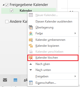 Screenshot der seitlichen Leiste im Kalender Tab, welcher die im letzten Abschnitt beschriebenen, hinzugefügten Kalender zeigt. Die Option Kalender löschen ist die fünfte Option von unten nach einem Rechtsklick.