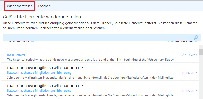 Wiederherstellung gelöschter Mails in Outlook 6