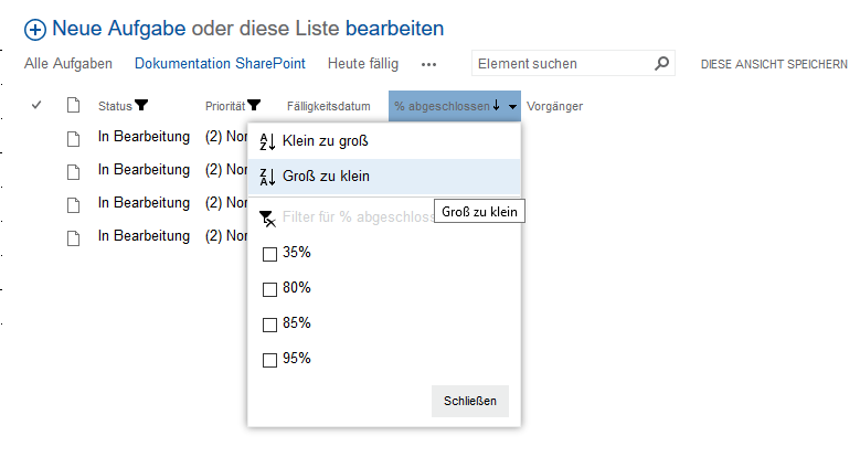 Aufgabenliste sortiert nach Vollständigkeit