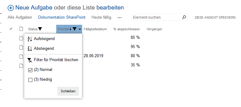 Aufgabenliste gefiltert nach Priorität