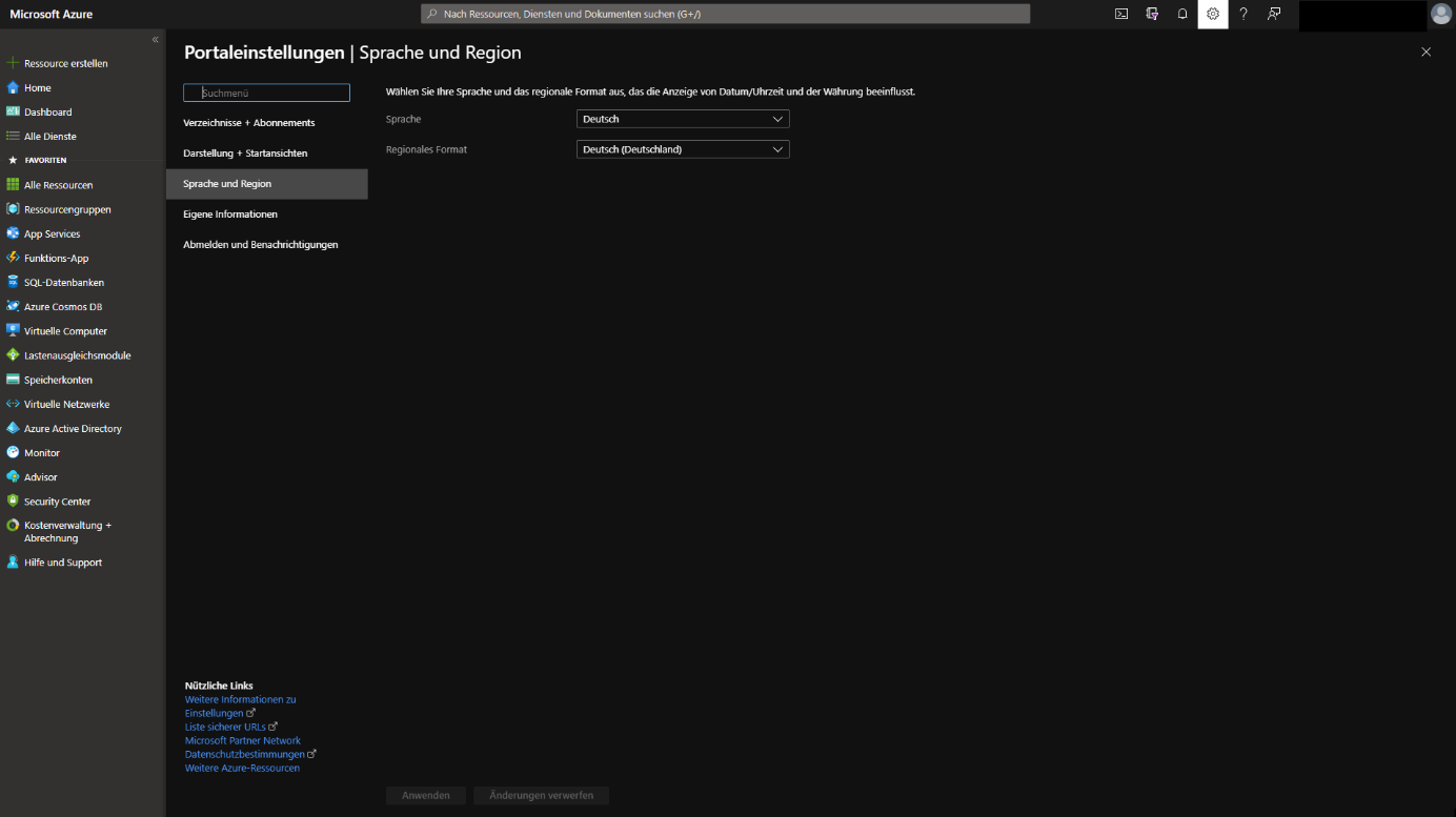 Portaleinstellungen Sprache und Region