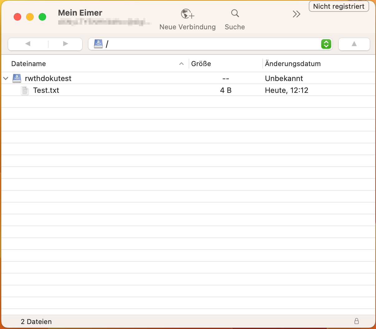 Eine Ansicht vom Bucket in Cyberduck nach einer erfolgreichen Verbindung. Es befindet sich ein Ordner mit einer Testdatei im Bucket.