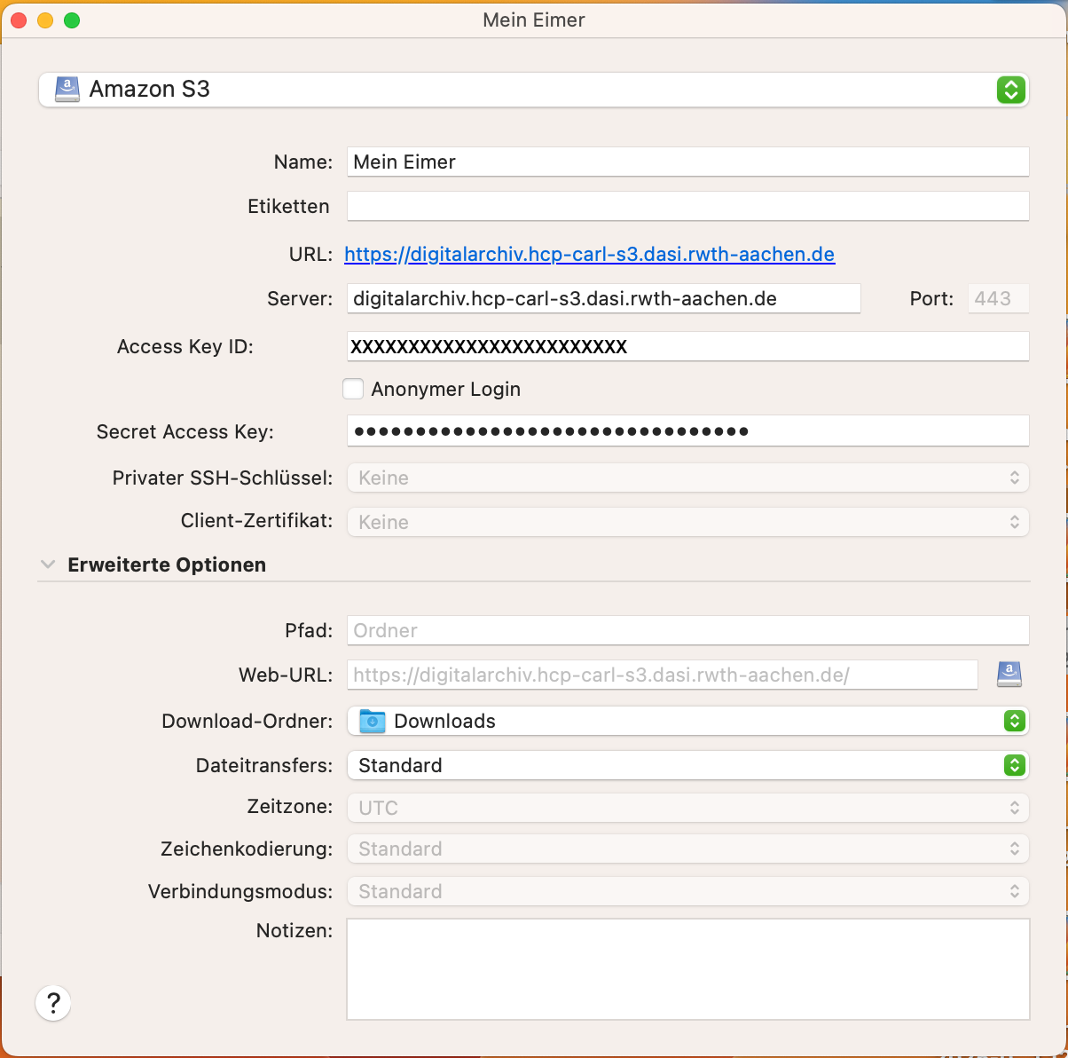 Eine Ansicht des Einstellungsdialogs für ein Bookmark in Cyberduck. Die fünf erforderlichen Felder wurden Schritt 2 entsprechend für ein DualStack System ausgefüllt.