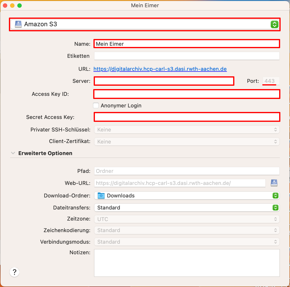 Eine Ansicht des Einstellungsdialogs für ein Bookmark in Cyberduck. Oben wird Amazon S3 als Verbindungstyp ausgewählt. Im nächsten Feld muss ein Name eingegeben werden. Es gibt weitere Felder für den Server, Access Key ID und Secret Access Key, die ausgefüllt werden müssen.