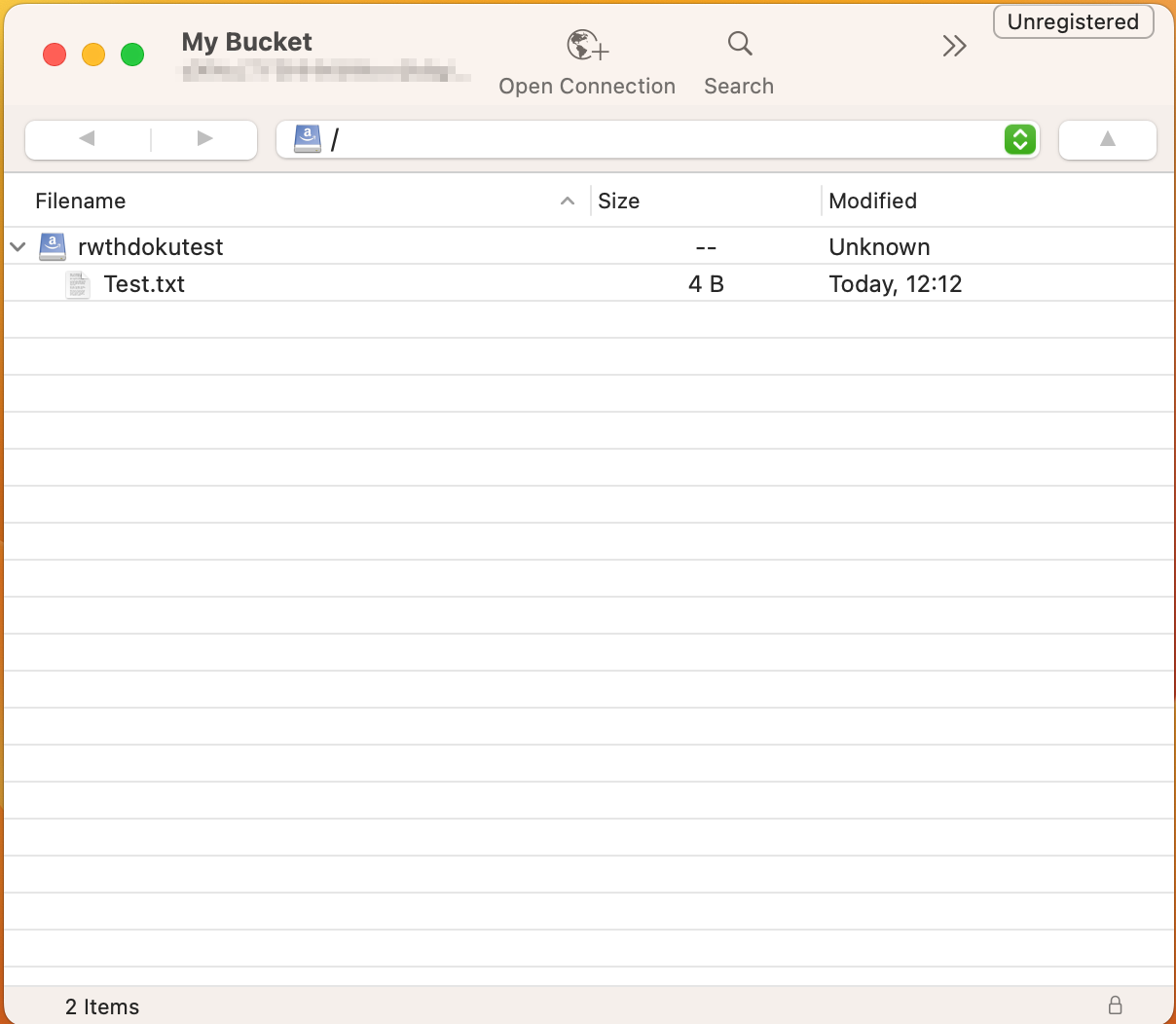 A view of the bucket in Cyberduck after a successful connection. There is a folder containing a test file in the bucket.