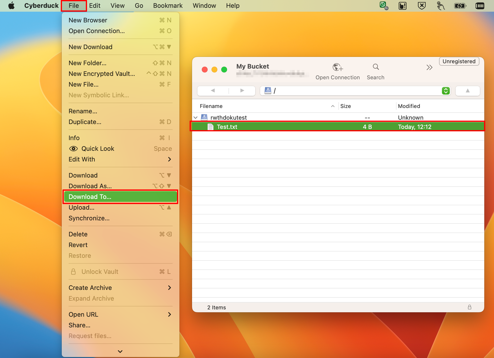 The test file from the previous view is selected. The File menu item is then selected at the top of the screen to open the File menu. Download To as is then selected in the file menu.