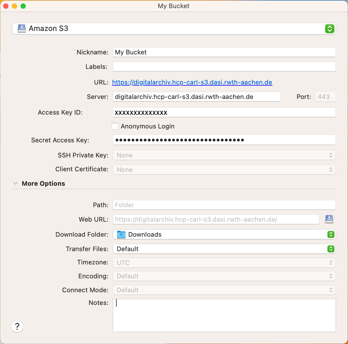 A view of the settings dialog for a bookmark in Cyberduck. The five required fields were filled in according to step 2 for a DualStack system.