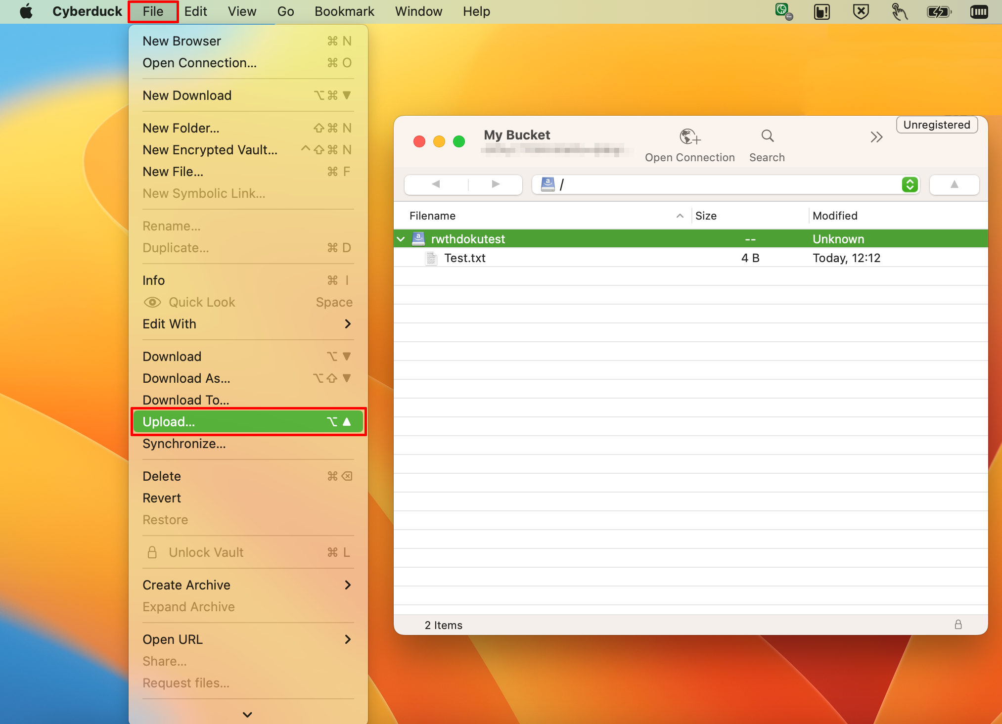 The view of the bucket in Cyberduck is still opened. At the top of the screen, File has been selected and Upload has been selected in the file menu.