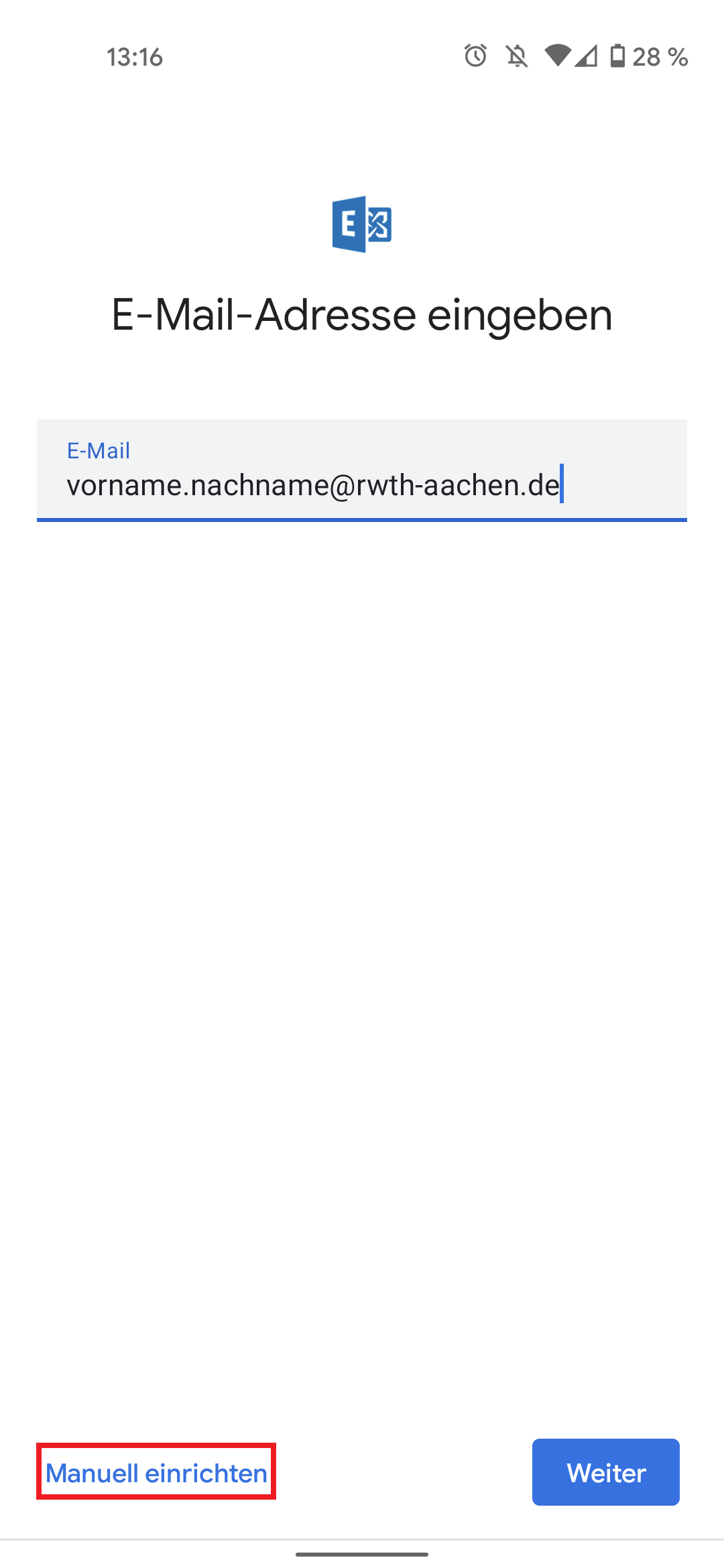 E-Mail-Adresse eingeben dann Manuell