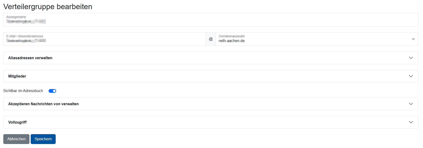 Screenshot der Ansicht "Verteilergruppe bearbeiten".