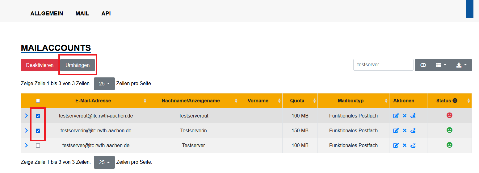 Accounts für das Umhängen auswählen