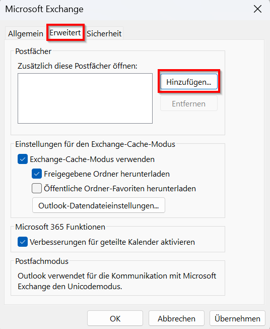 Screenshot der Outlook-Oberfläche mit erweiterten Einstellungen und mit dem Button "Hinzufügen".