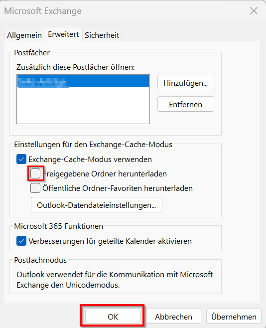 Screenshot der Outlook-Oberfläche mit erweiterten Einstellungen. Die Option "Freigegebene Ordner herunterladen" befindet sich unter dem Feld mit dem hinzugefügten Postfach und ist nicht abwählt.