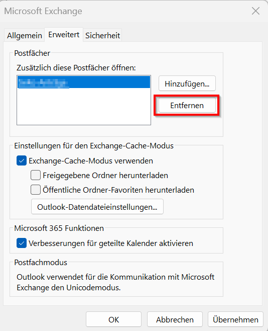 Screenshot der Outlook-Oberfläche mit erweiterten Einstellungen. Die Option zum Entfernen des Postfachs befindet sich unter dem Button "Hinzufügen".