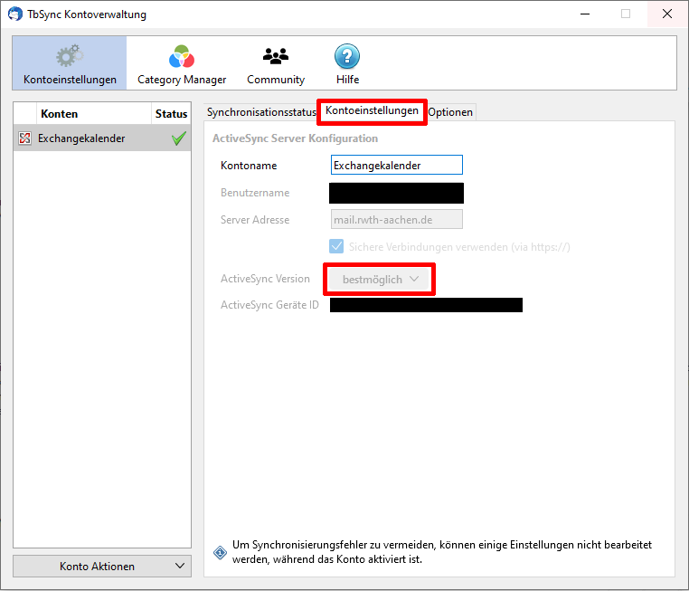 Screenshot des Fensters Kontoeinstellungen unter TbSync Kontoverwaltung, welcher die Auswahl der Optionen aus Schritt 6 grafisch darstellt.