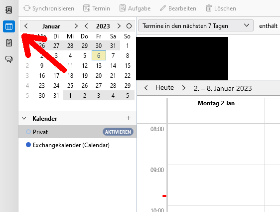 Screenshot des Fensters Termine im Thunderbird Kalender, welcher die Auswahl der Optionen aus Schritt 7 grafisch darstellt.