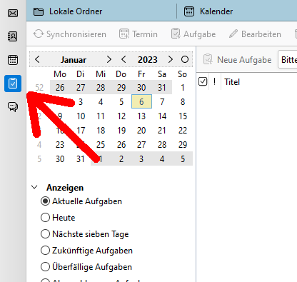 Screenshot des Fensters Aufgaben im Thunderbird Kalender, welcher die Auswahl der Optionen aus Schritt 7 grafisch darstellt.