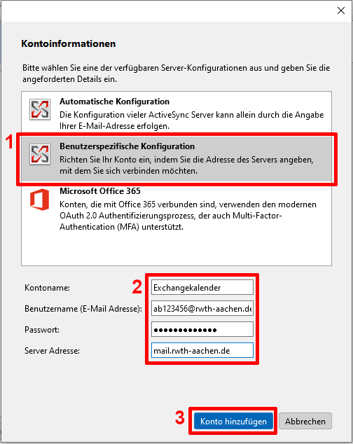 Screenshot des Fensters TbSync Kontoinformationen, welcher die Auswahl der Optionen aus Schritt 3 grafisch darstellt.