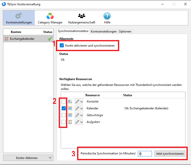 Screenshot des Fensters Synchronisationsstatus unter TbSync Kontoverwaltung, welcher die Auswahl der Optionen aus Schritt 4 grafisch darstellt.